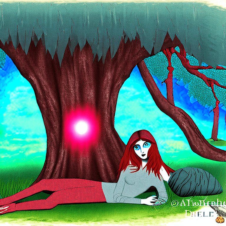AI generated: A stunning young female werewolf with red fur and piercing blue eyes, lying down peacefully on her s...