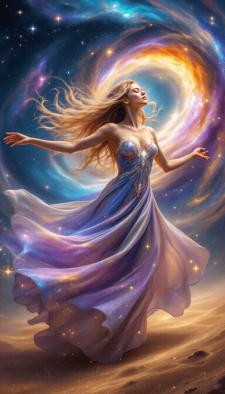AI generated: A mesmerizing celestial goddess dances gracefully in the vast expanse of space, her flowing gown.