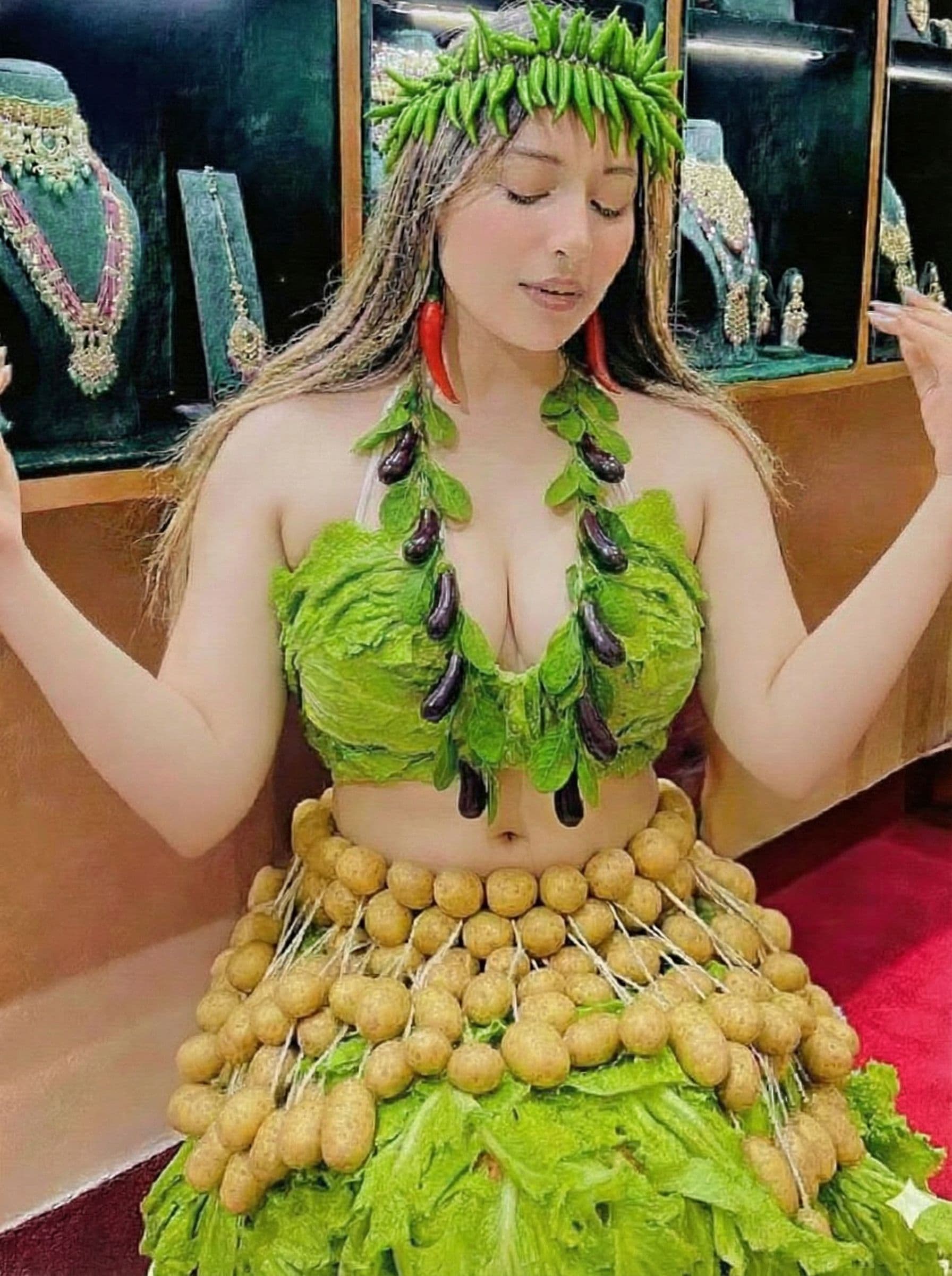 AI generated: Reveal a bit of her cleavage 