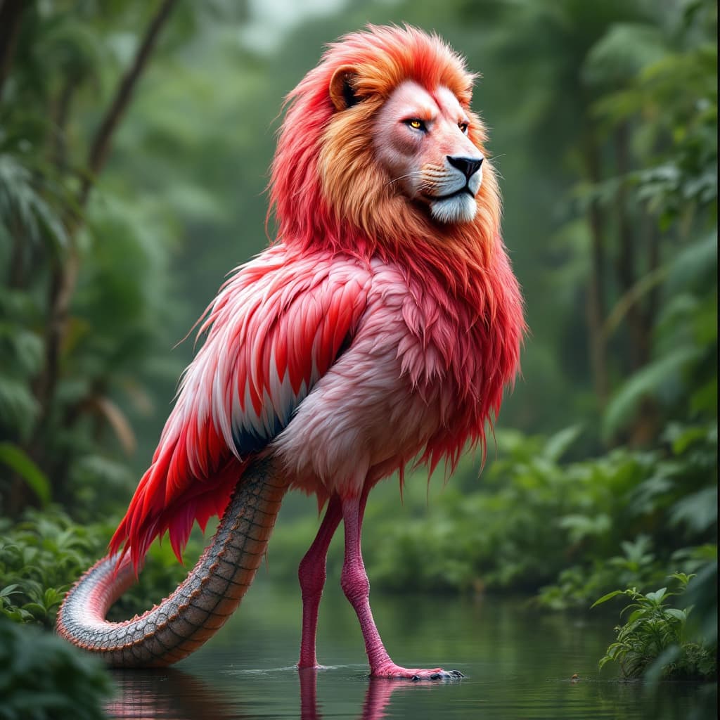 AI generated: A majestic flamingo with the head of a fierce lion, featuring a flowing mane and intense, regal eyes...