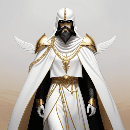 AI generated: A tall slender man with a long black beard wearing  white armor with a golden chain from the left sh...