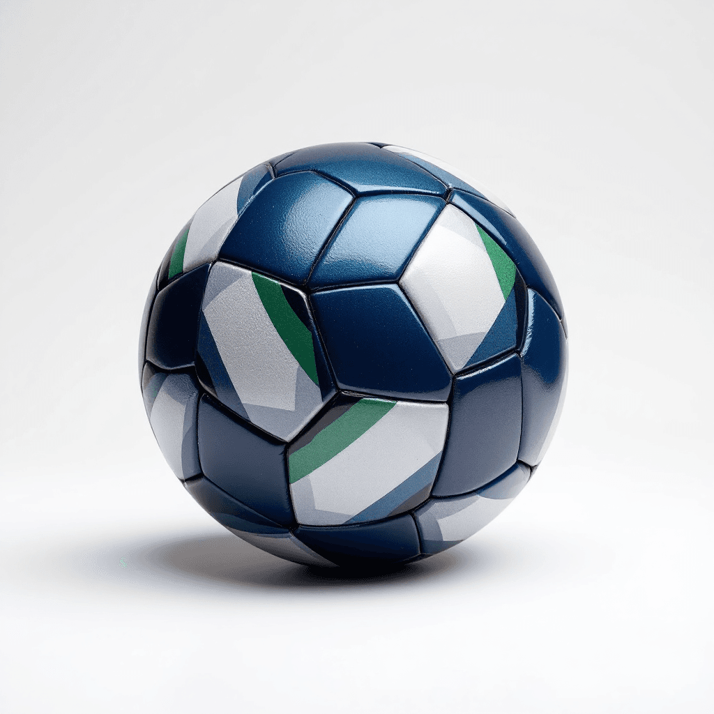AI generated: An image of a dark blue, dark red, green, and white soccer ball --stylize 750