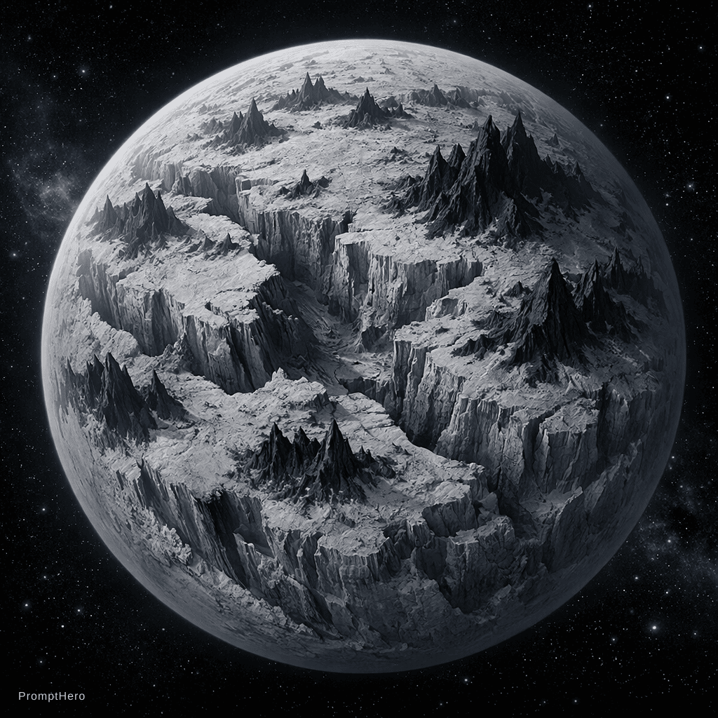 AI generated: a light grey planet with lots of deep canyons scattered all over its surface as well as tall black m...