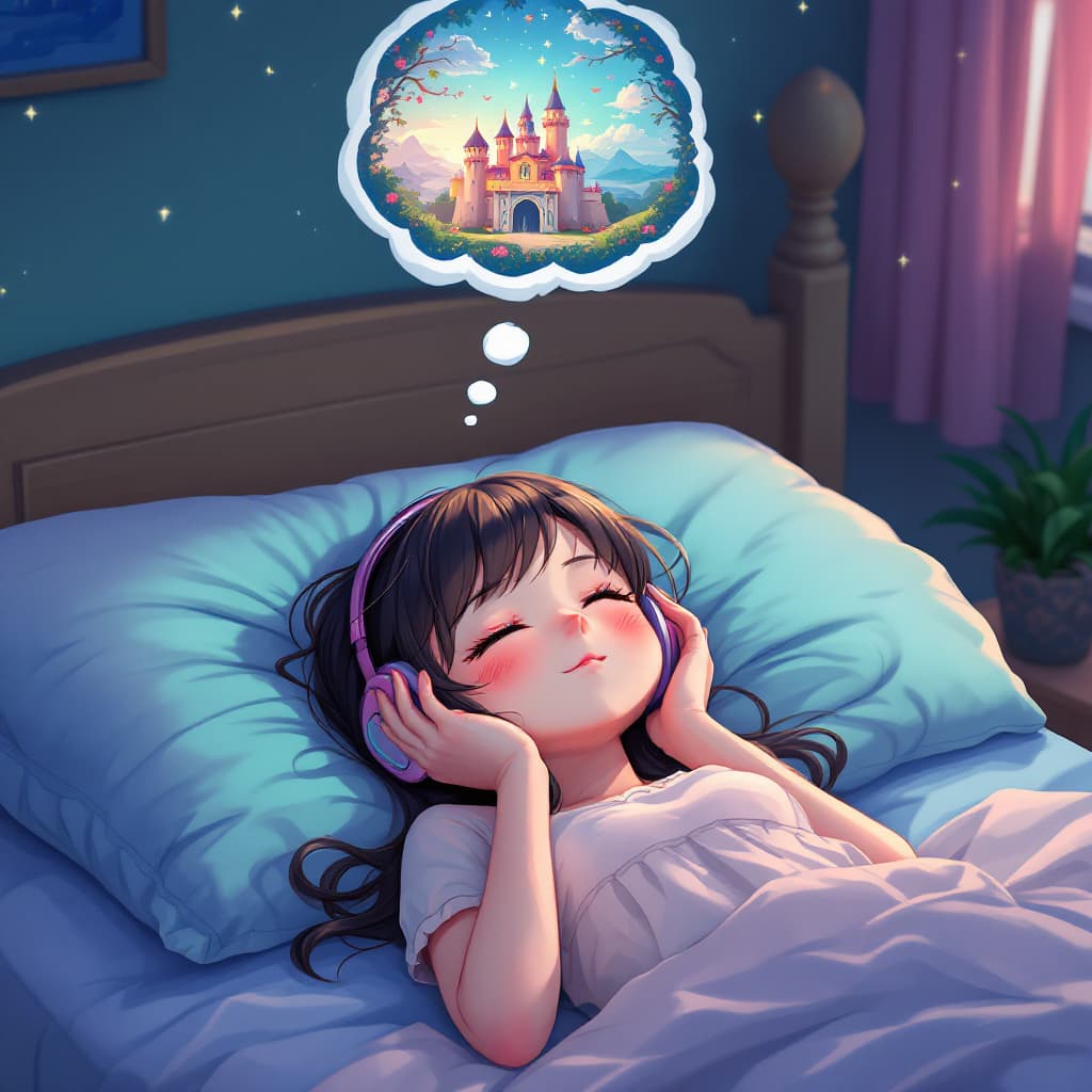 AI generated: Extremely cute anime girl laying on bed with headphones on. A thought bubble is above her with an im...