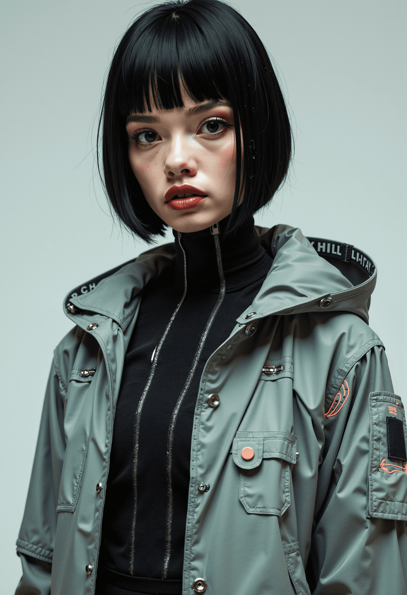 AI generated: Full-body portrait of a futuristic 32 years woman with a retro hacker aesthetic. She has a melanchol...