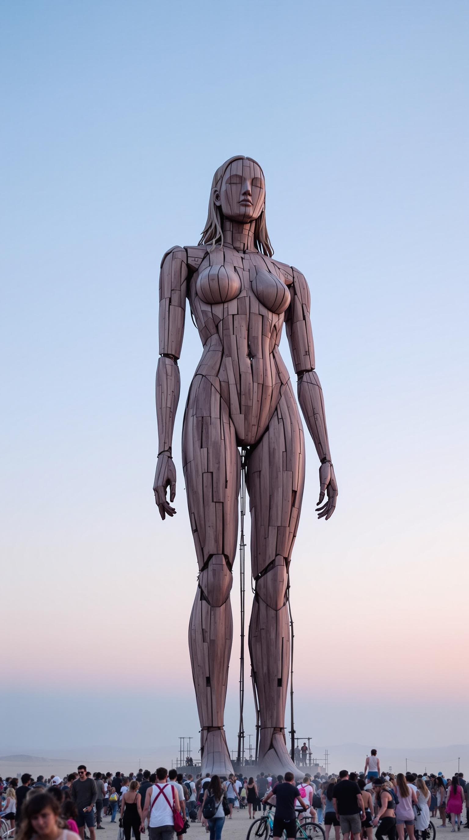 AI generated: The image depicts a large, wooden statue of a woman standing in a vast, open desert landscape during...
