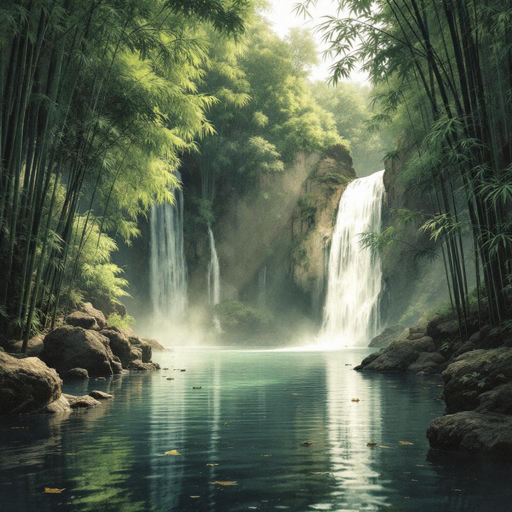 AI generated: A serene waterfall cascades into a tranquil pool within a lush bamboo forest, with sunlight filterin...