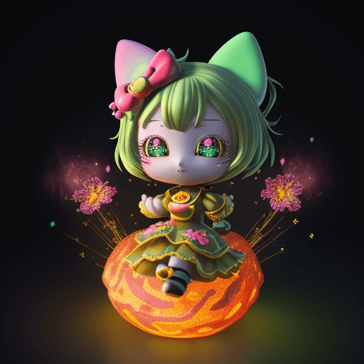 AI generated: 3d 32-bit character design anime, nft, Hello Kitty, floral patterns, sparkling eyes, vibrant color p...