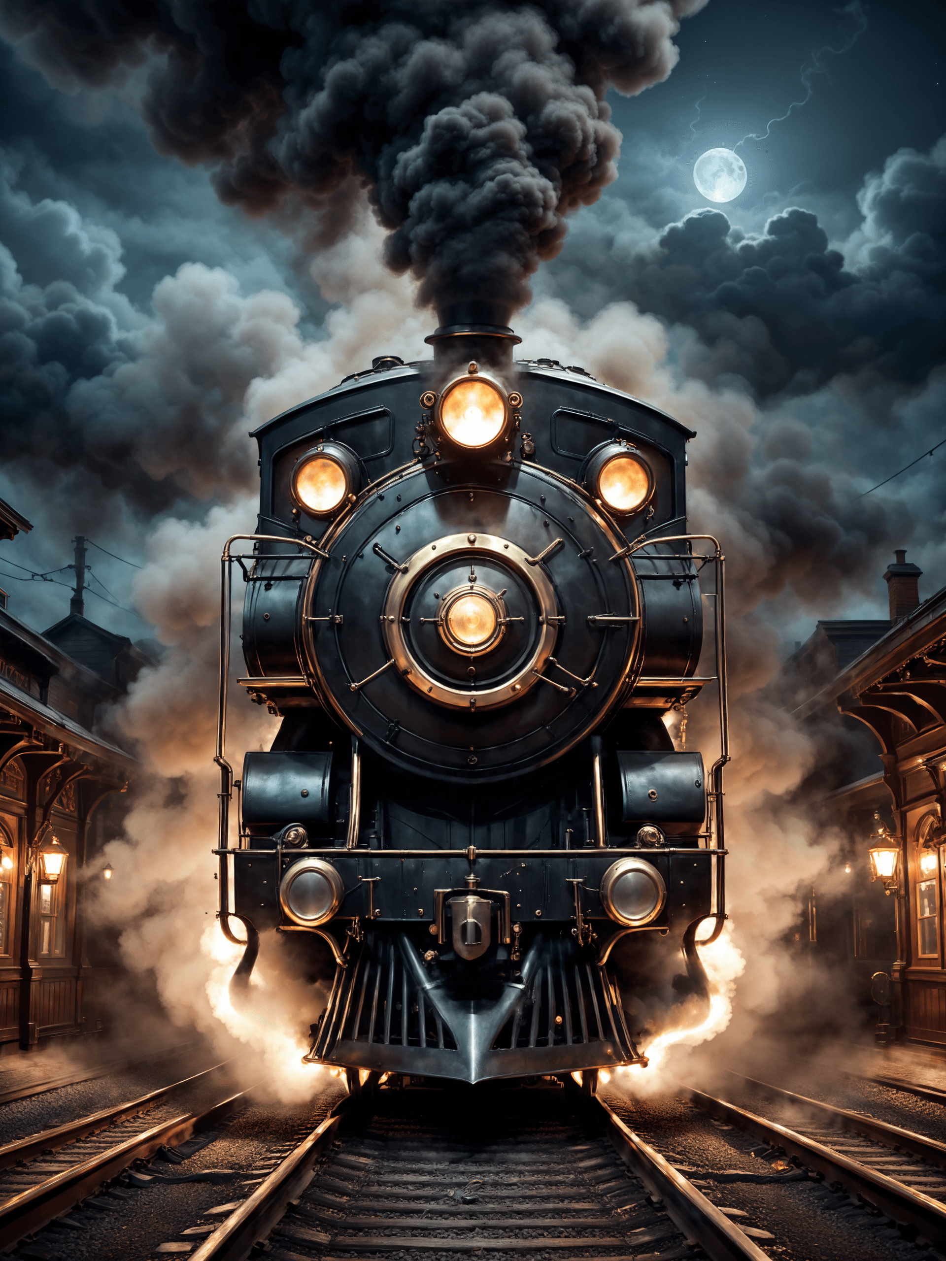 AI generated: steampunk train chugging black smoke at the station in the middle of the night, looking straight dow...