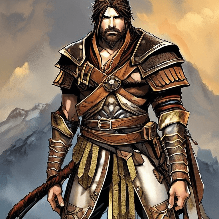 AI generated: A mysterious warrior with long braided hair looks like god of war, leather armor, torn cloak, brown ...