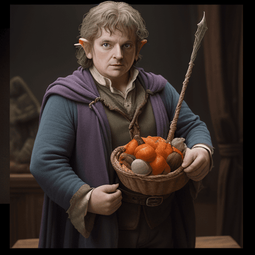 AI generated: Bilbo Beggins :: Lord of rings, with cloth spiderman costume, John Tolkien, ultra-wide shot, photore...