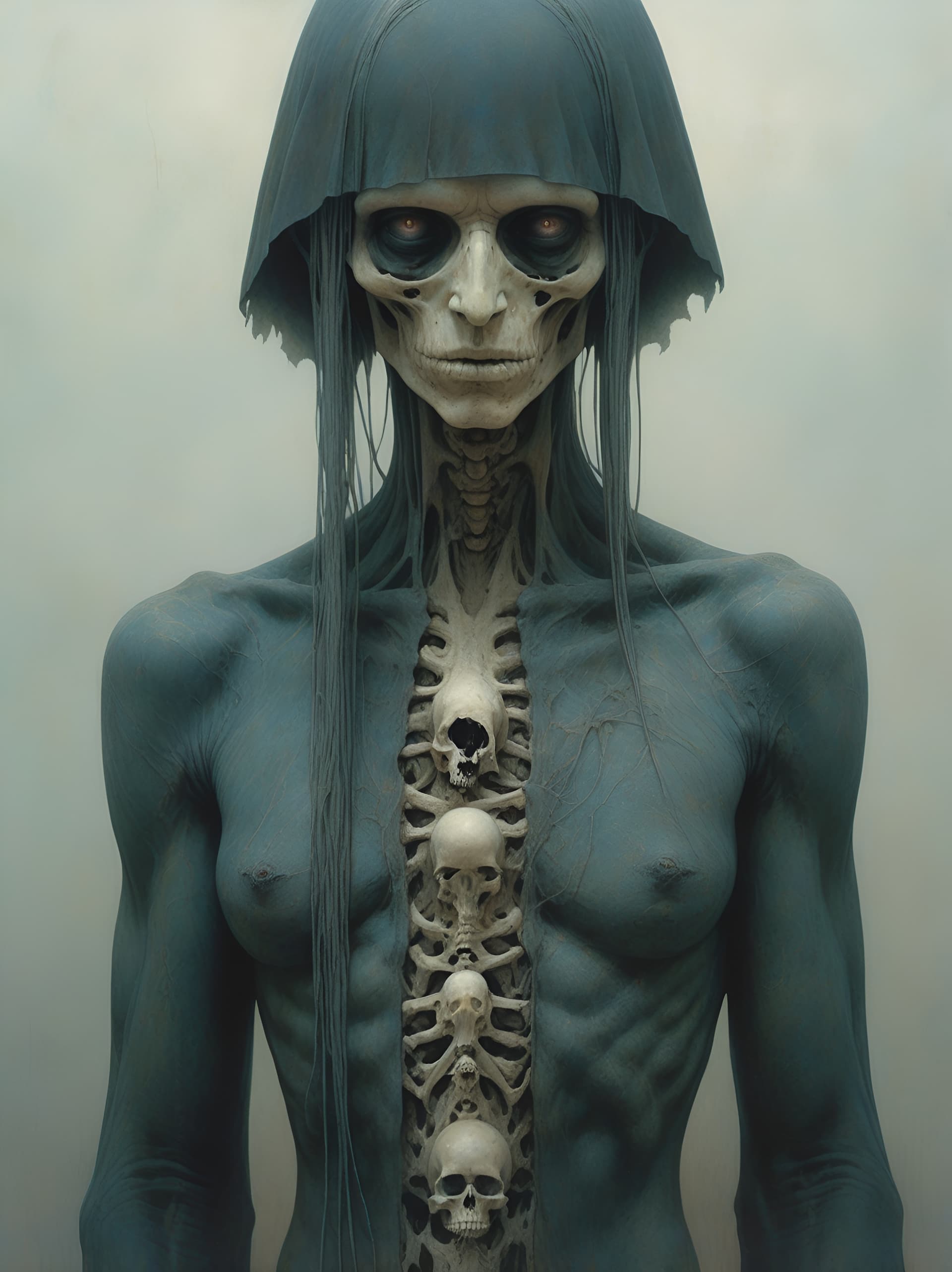 AI generated: Abstract painting by Zdzislaw Beksinski. A chilling portrait of a blind necromancer, his face marked...
