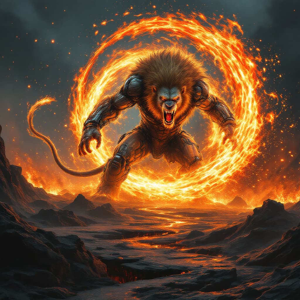 AI generated: The monstrous chimera is caught in a terrifying, blazing circle of fire, the flames swirling around ...