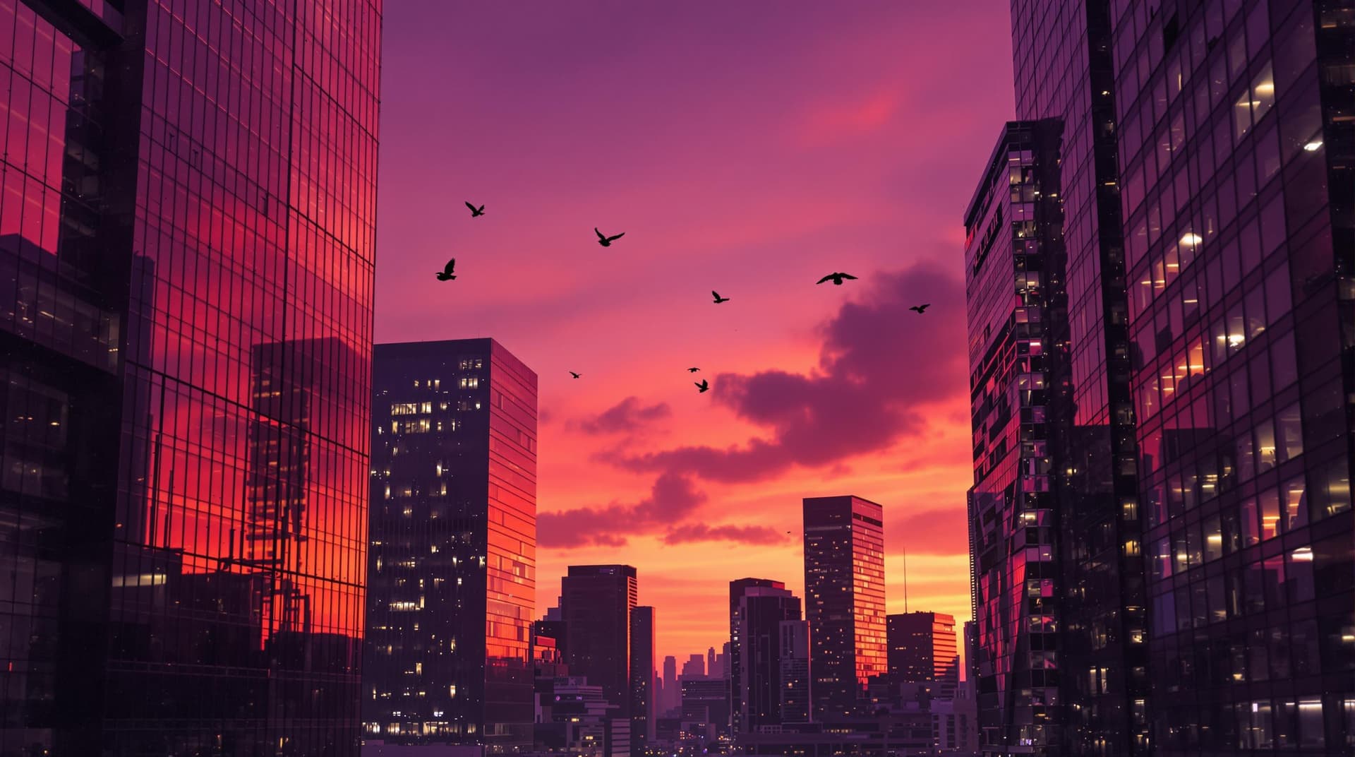 AI generated: "A cinematic frame of a modern cityscape during sunset, with tall buildings reflecting warm orange-p...