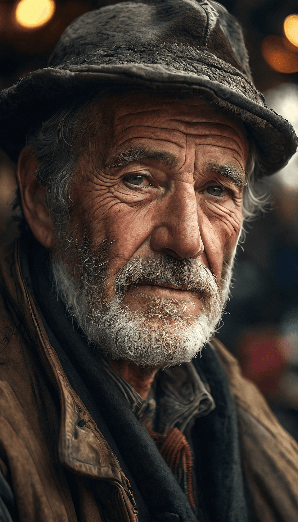 AI generated: An old man, retired farmer in market close up, subdued, tested of time, trending on artstation, shar...