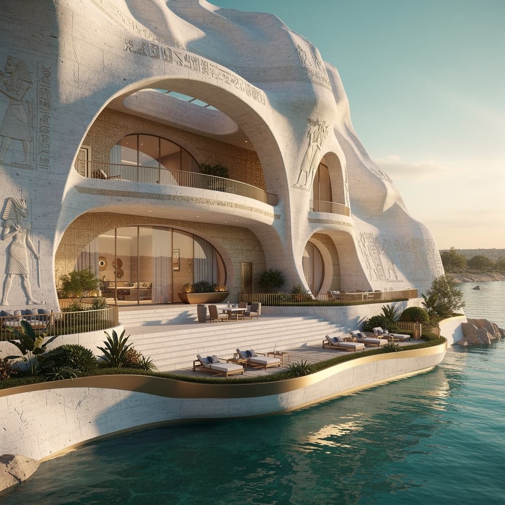 AI generated: A luxurious hotel carved inside a white mountain, blending ancient historical elements with natural ...