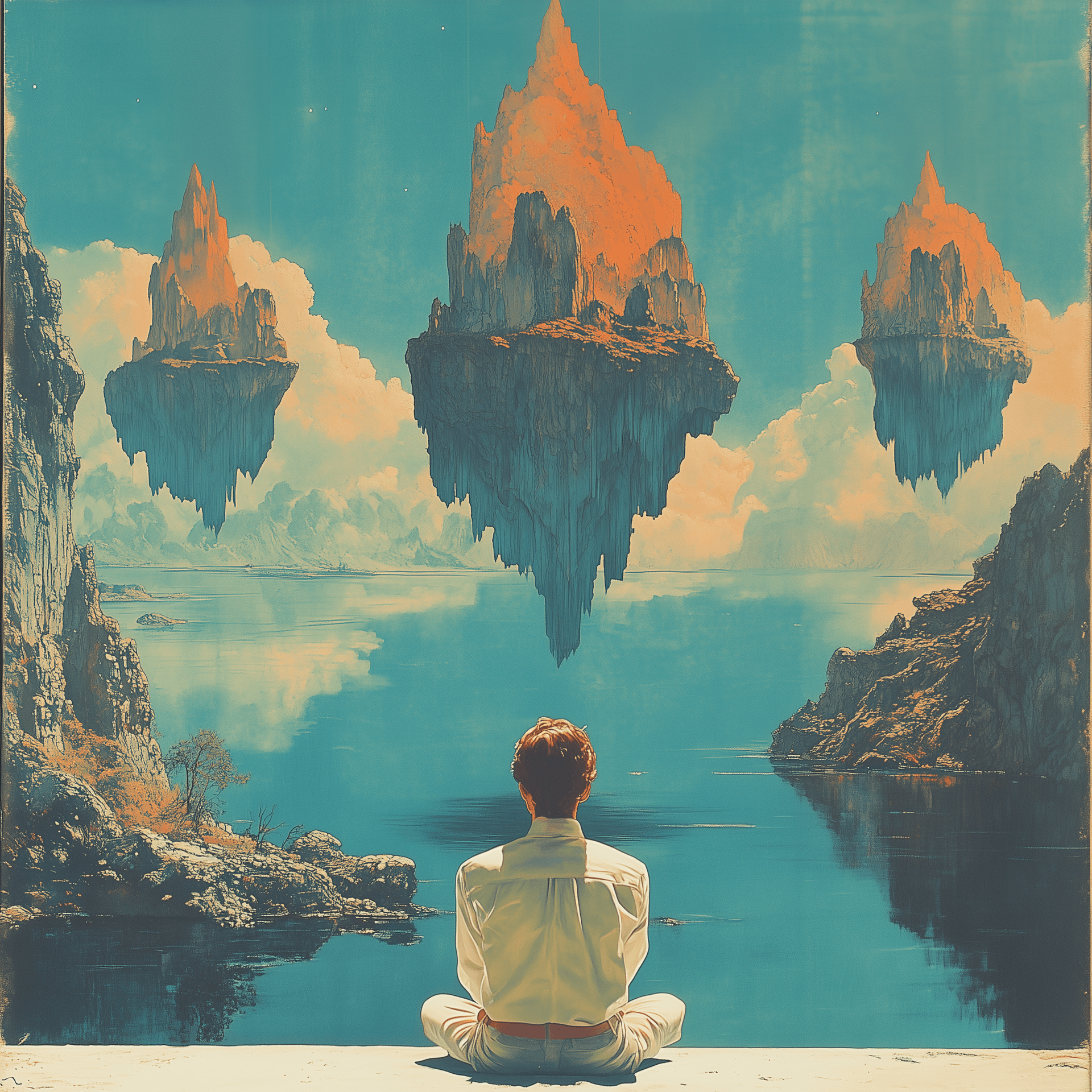 AI generated: Man looking at three large floating islands in the sky, retrofuturism, science fiction art by Paul B...