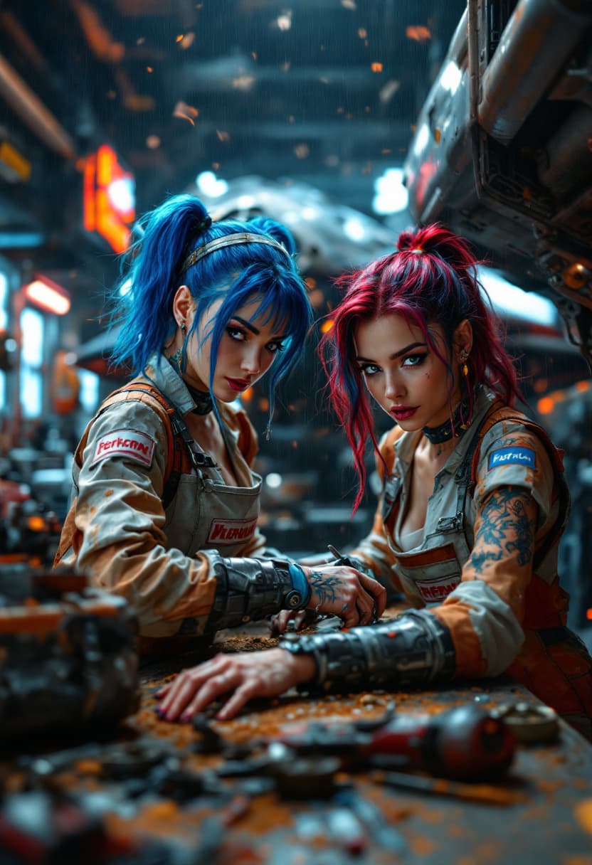 AI generated: Photorealistic concept art. Medium shot. Two girlfriends with vibrant blue and red colored hair, tat...