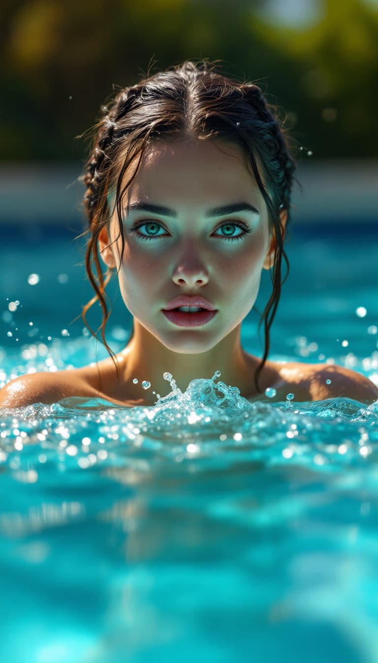AI generated: extreme reality, hyper realistic, Beautiful, Woman Swimming, Outdoor Pool, Expressive Workout in a B...