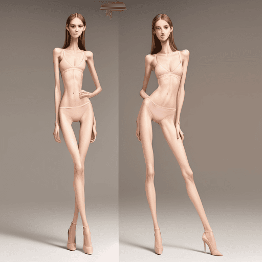 AI generated: photo of two an extremely skinny, flat-chested model with extreme long and skinny legs with extreme ...