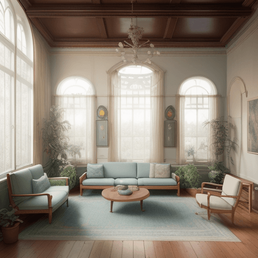 AI generated: High resolution photography interior design, dreamy sunken living room conversation pit, wooden floo...