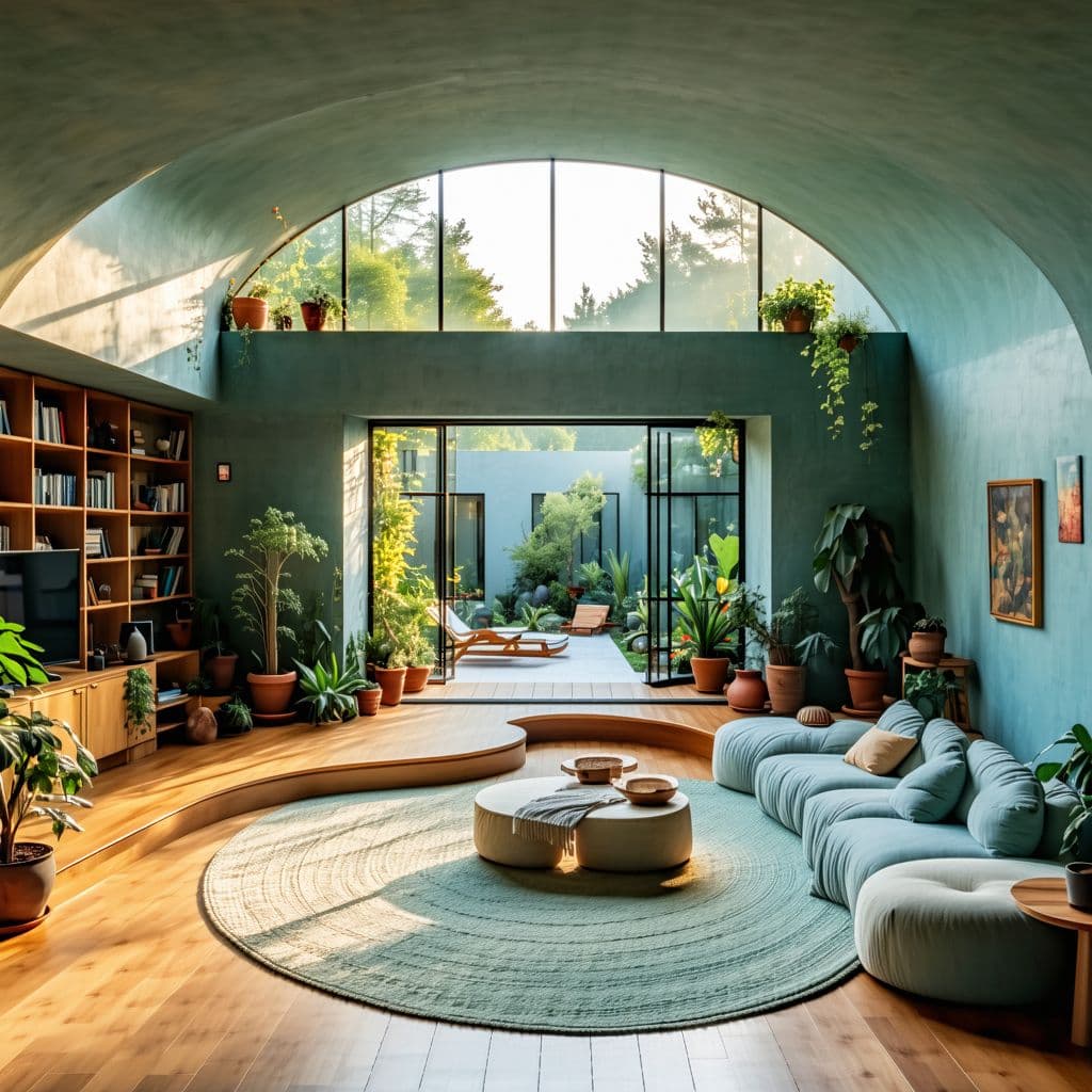 AI generated: High resolution photography interior design, dreamy sunken living room conversation pit, wooden floo...