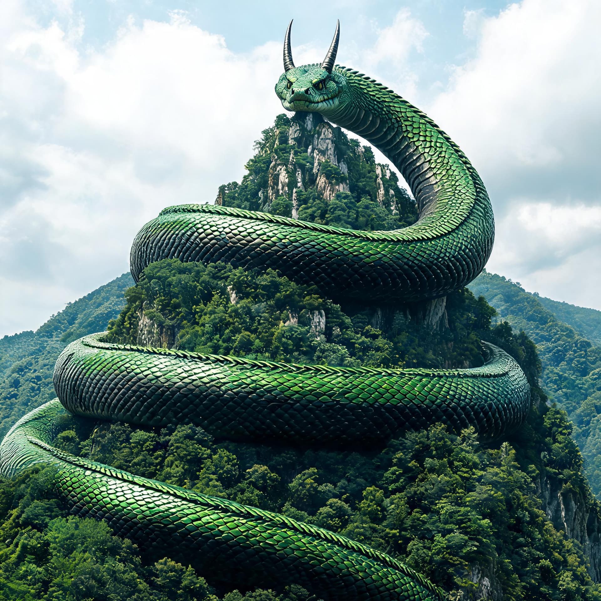 AI generated: a giant snake that is big enough to wrap around a mountain that has green scales with a black belly ...