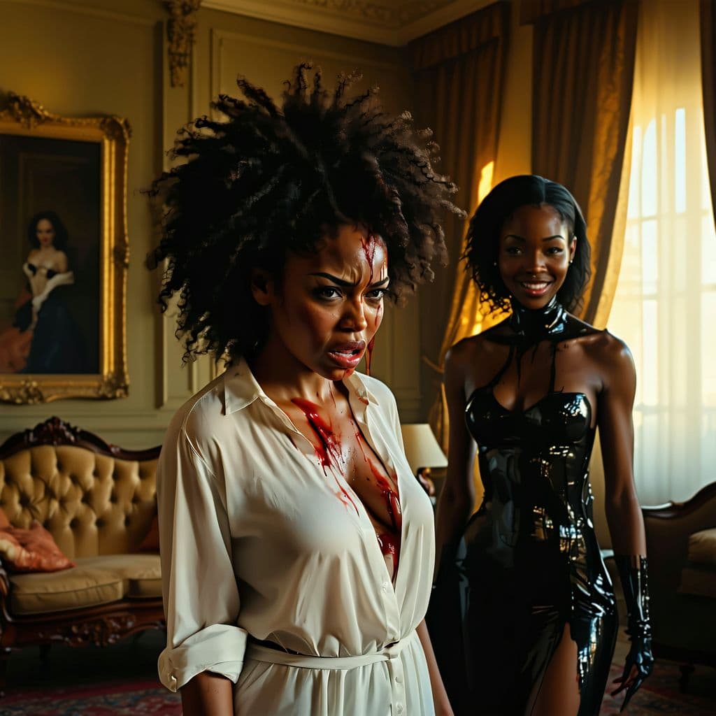 AI generated: "In a luxurious African apartment, Élisa, a Black woman with dark skin, is clutching her stomach in ...