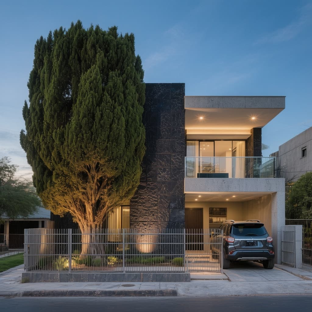 AI generated: Modern two-story house facade, 6 meter wide lot, bold contemporary Mexican architecture.
Fully enclo...
