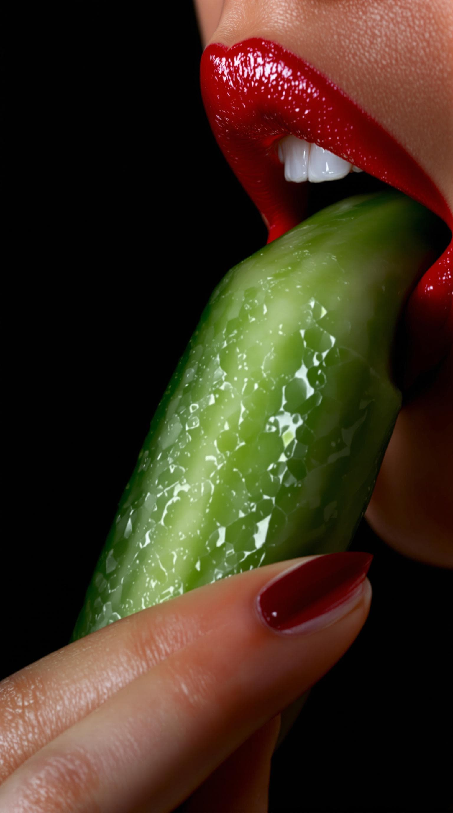 AI generated: Close-up of lips with red lipstick, sucking the tip of a cucumber, dark background, beauty photograp...
