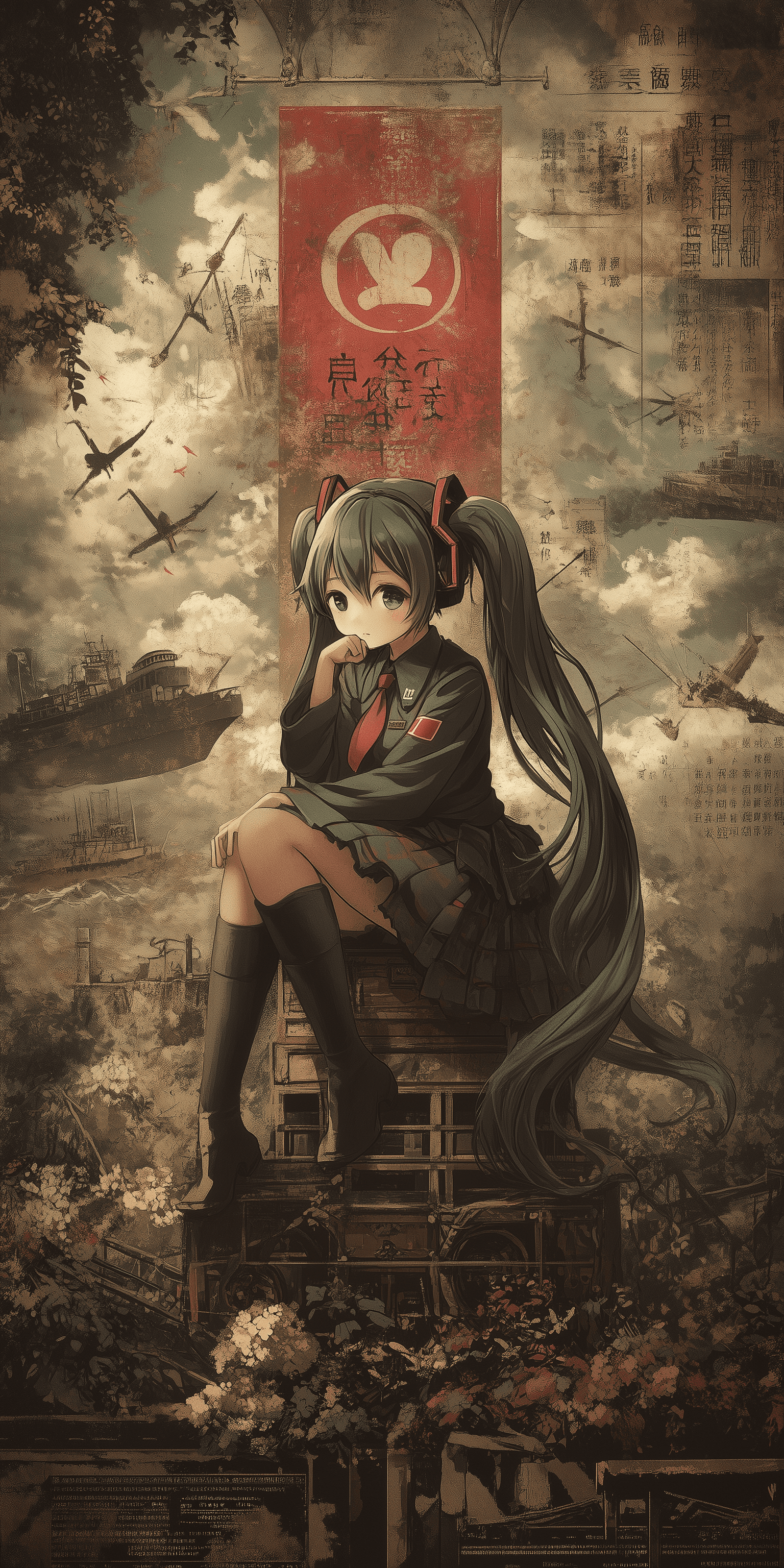 AI generated: Hatsune Miku, Emperor of Japan,Fascism, Militarism,Japanese anime  --ar 1:2 