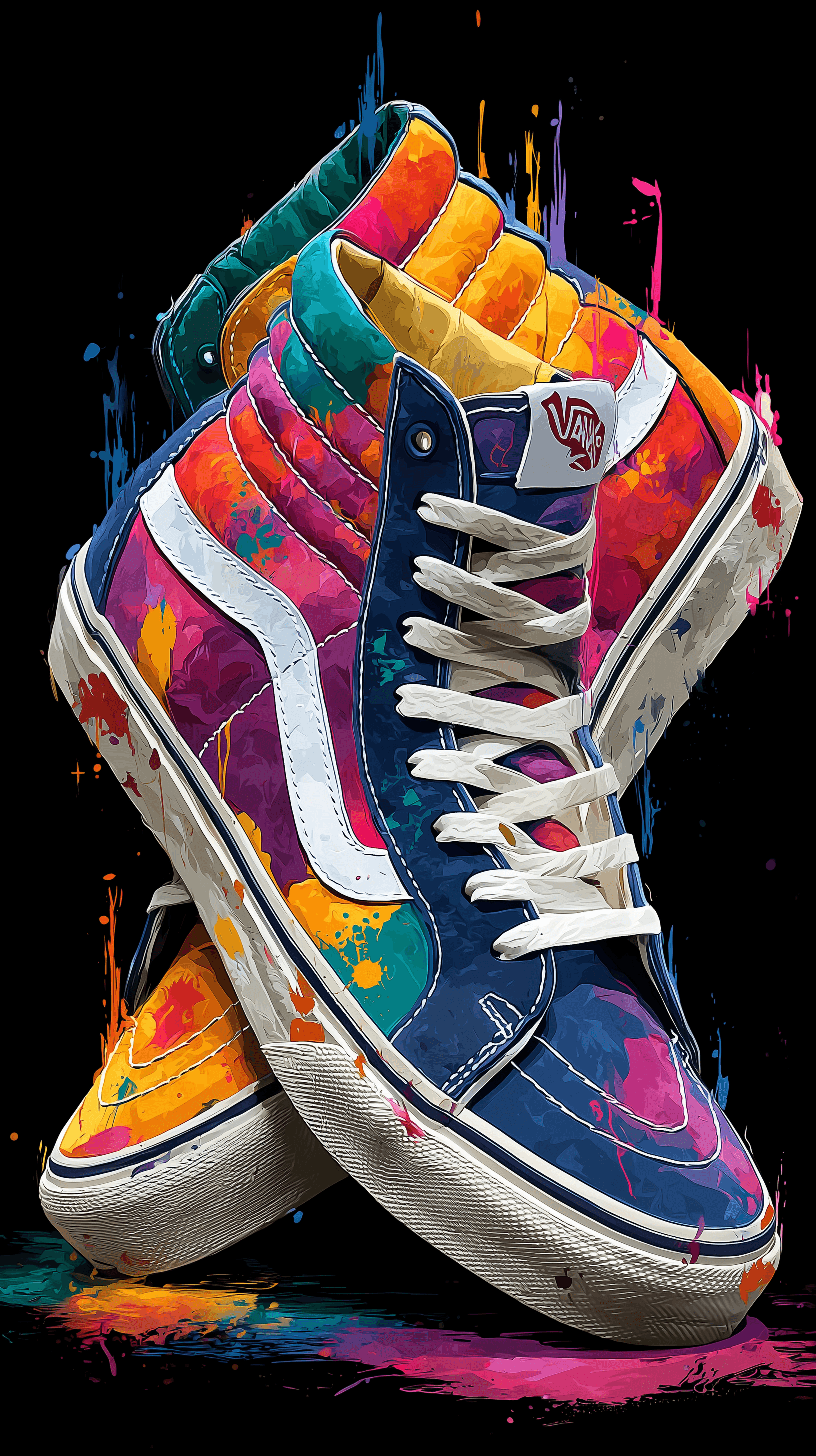AI generated: illustration, pair of sneakers, vans oldschool high-top, abstract colorful patterns and bold shapes,...