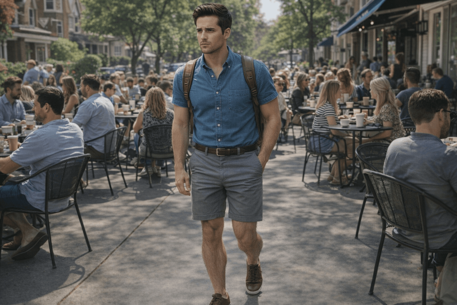 AI generated: In a sunny morning at a nice neighborhood. The model walking among a lot of people at a coffee shop ...