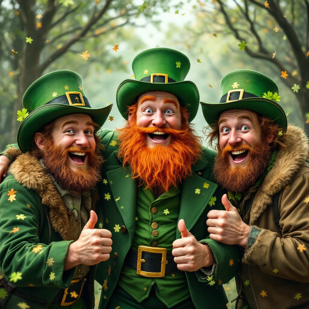 AI generated: three leprechaun hunters incredibly elated after fulfilling their lifelong mission of catching a lep...