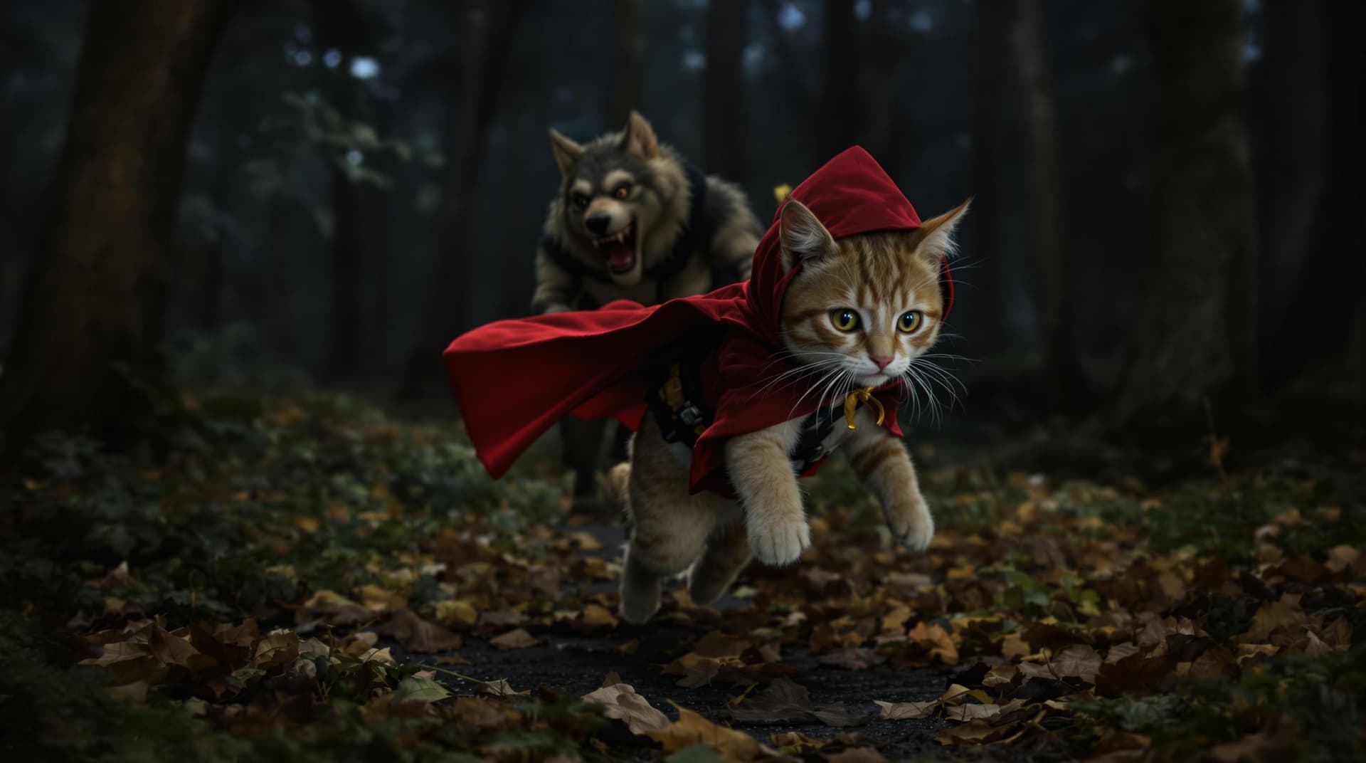 AI generated: anthropomorphic cute cat, wearing the costume of the fairy tale character Little Red Riding Hood, re...