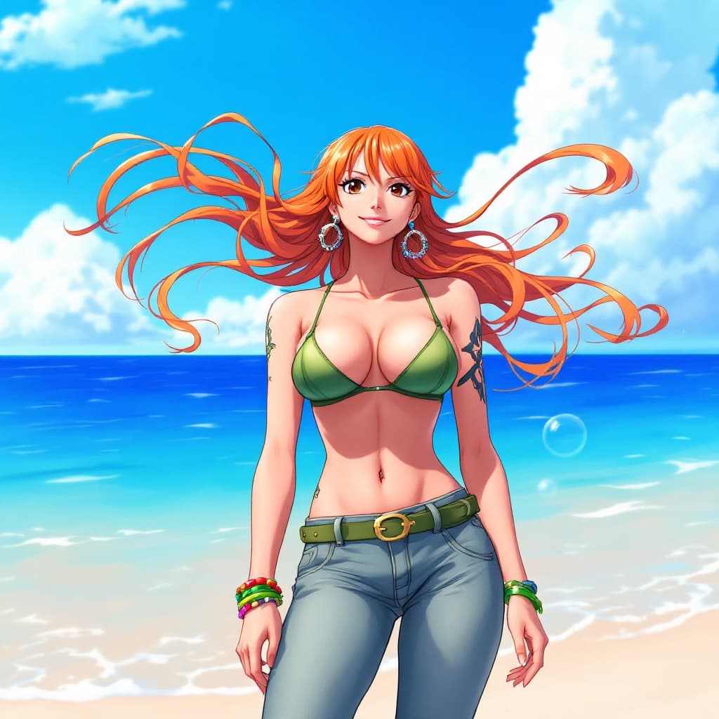 AI generated: nami \(one piece\),
1girl, bangle, bangs, bare shoulders, belt, bikini, bikini top only, blue sky, b...