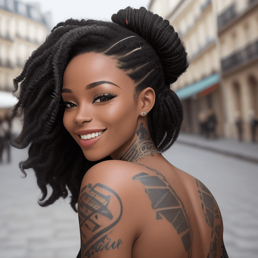 AI generated: femme noire cheveux bouclés court avec un tatouage sur la poitrine écrit Rich’Ella Paris avec un bea...