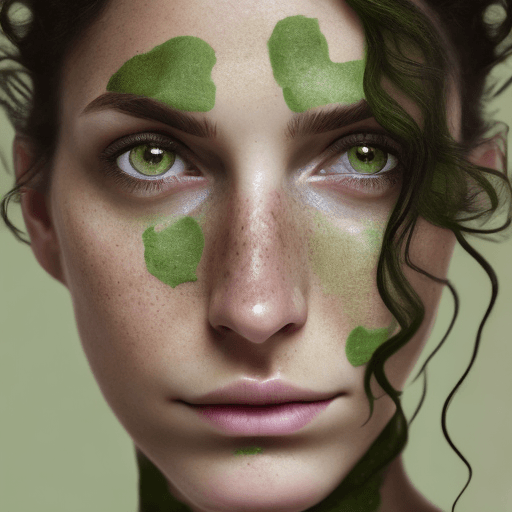 AI generated: Close-up portrait of a woman with green eyes, light freckles, and dark hair styled in loose tendrils...