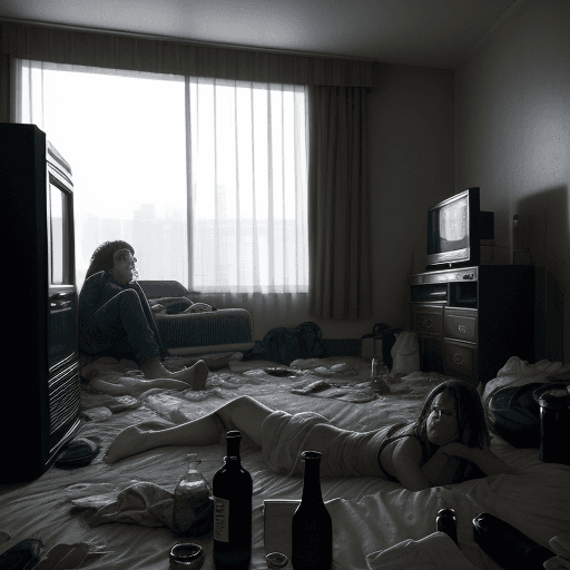 AI generated: the day after, the hangover:1.3) , hotel room interior, messy, clothes on the floor, empty bottles, ...