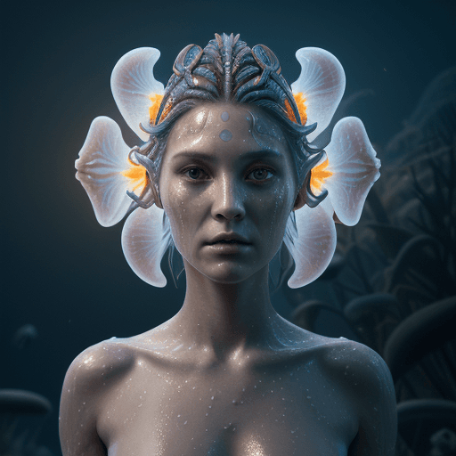 AI generated: Goddess close-up portrait ribcagel. jellyfish phoenix head, nautilus, orchid, skull, betta fish, bio...