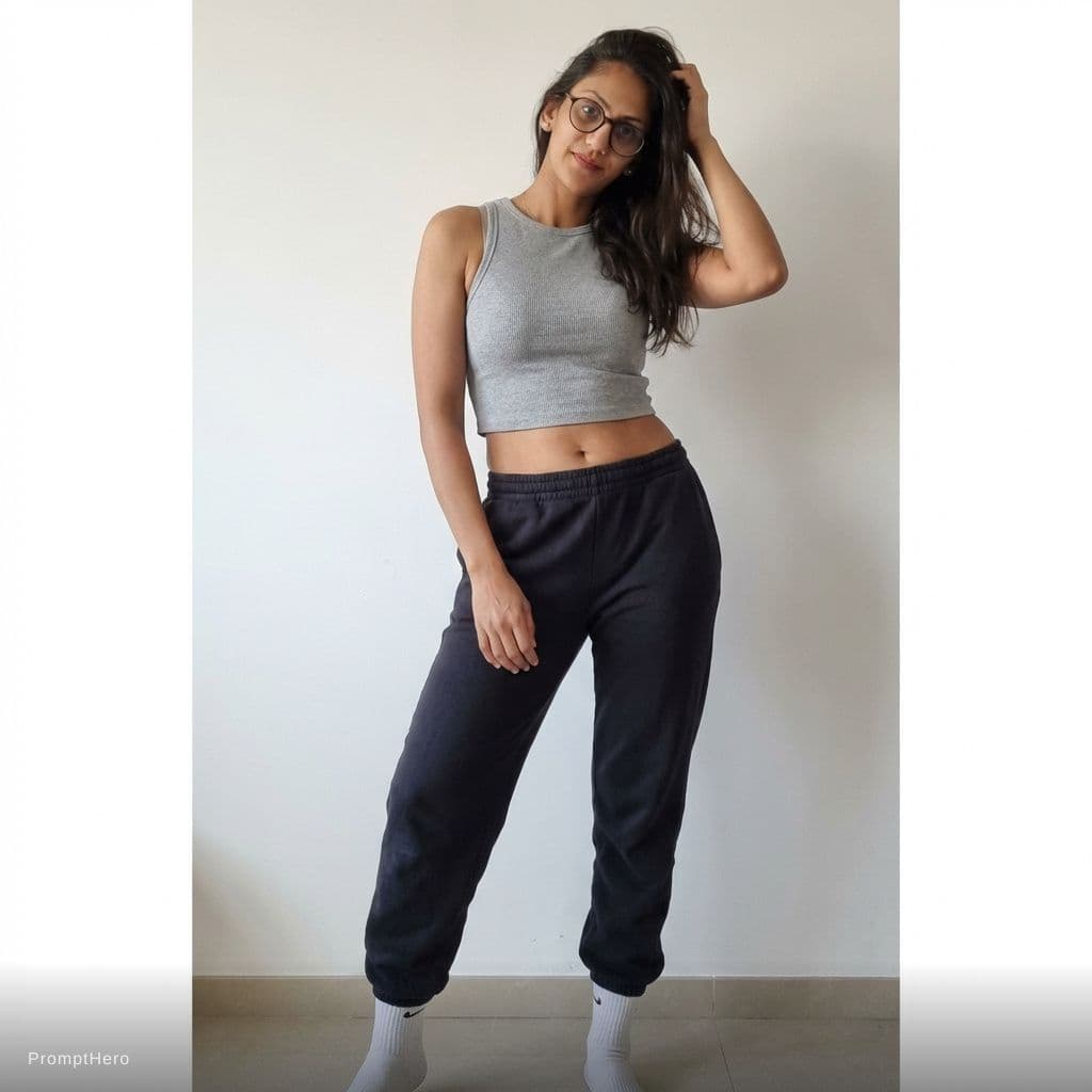 AI generated: She is standing seductive, wearing a cute pair of home cropped tanktop and white socks, cute pose, f...