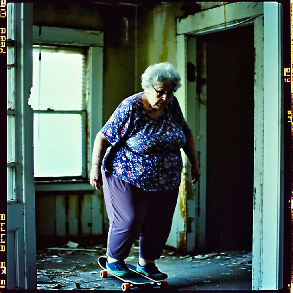 AI generated: impossibly fat skateboarding grandma in an old abandoned house, very creepy, abandoned, grainy 80's ...