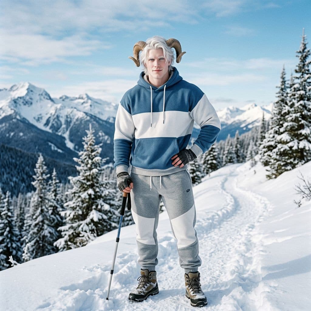 AI generated: A muscular attractive man with literal snow white skin and white hair with glacier blue eyes with bl...
