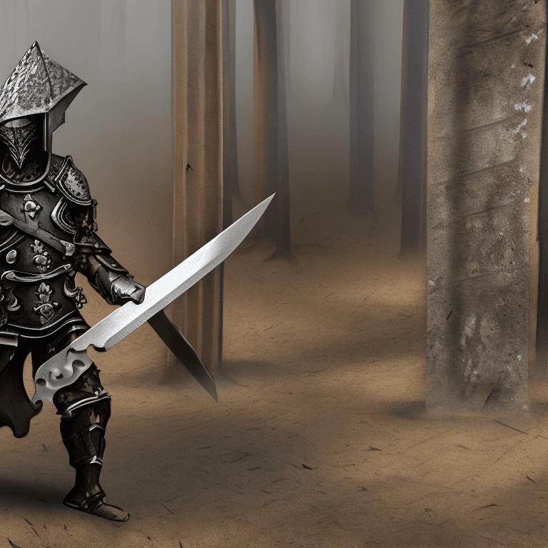AI generated: steel knight, medieval, war, burning place, pierced by a sword, dead body, wooden ruins, sad situati...