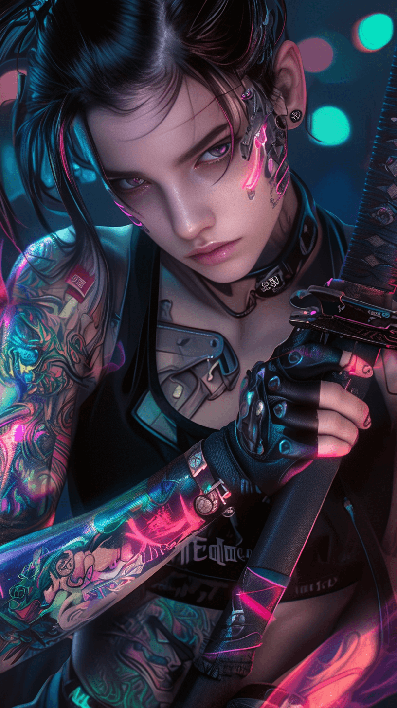 AI generated: Rebellious cyberpunk female ninja with glowing neon tattoos holding a katana, vintage, medium close ...