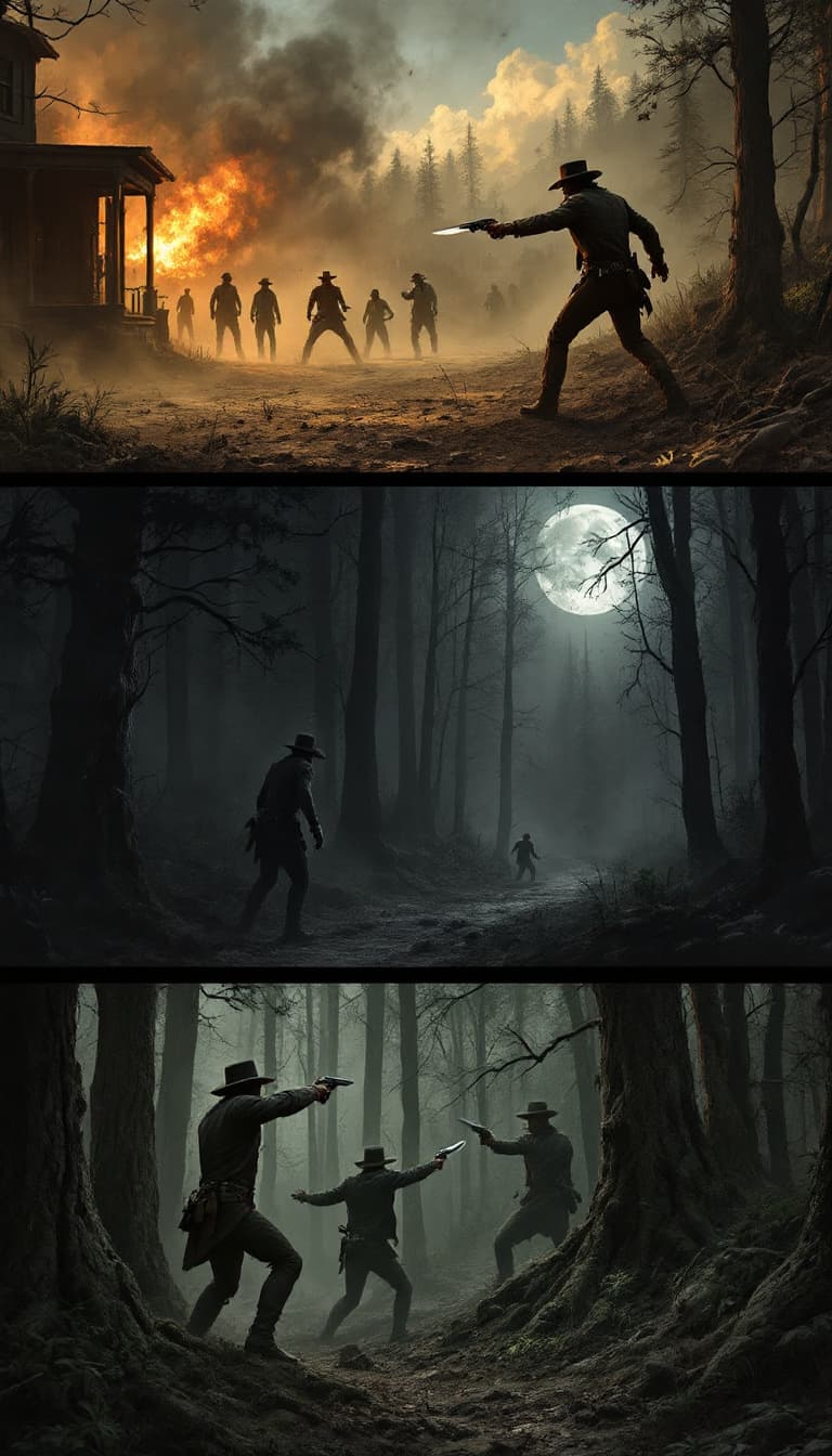 AI generated: Create an image in a Penny Dreadful comic style montage set in 1800s America, depicting violent enco...
