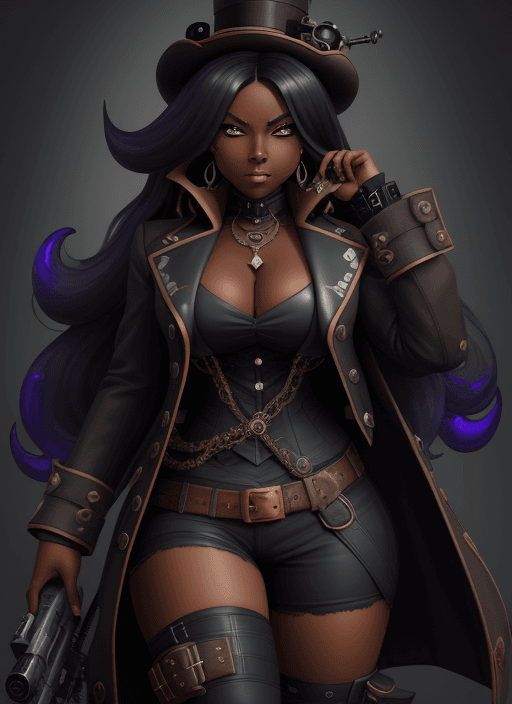 AI generated: evil, dark skin, steampunk, coat, thick thighs, time, goddess, long hair, black, splatoon