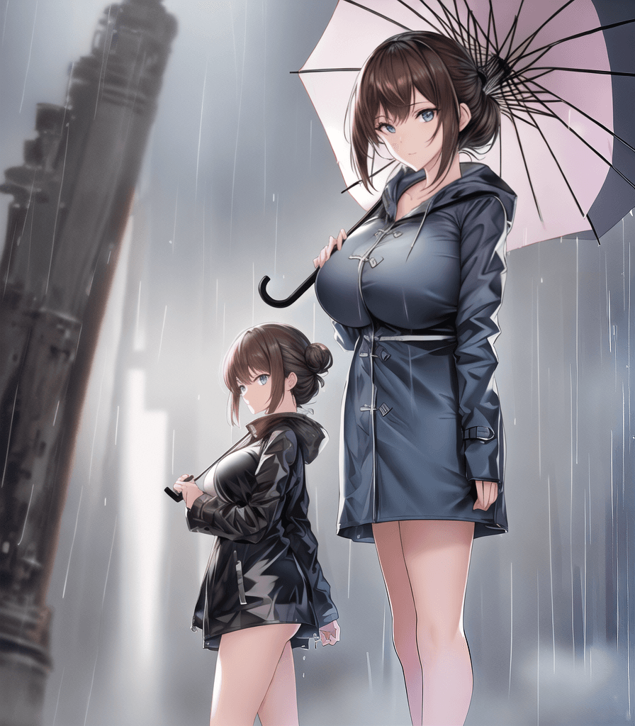 AI generated: (perfect anime illustration), hot girl, 1girl, low bun, ((raincoat, raining, standing, bad weather),...
