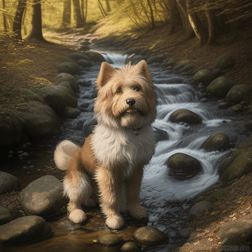 AI generated: A loyal dog with soulful eyes, a shaggy coat, and a wagging tail, standing beside a babbling brook i...