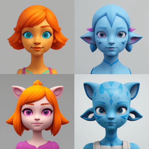 AI generated: 3D Avatar Design, "Playful, Cute, Colorful, Animated, Quirky," "Unity," "Blend shape rigging," "Brig...